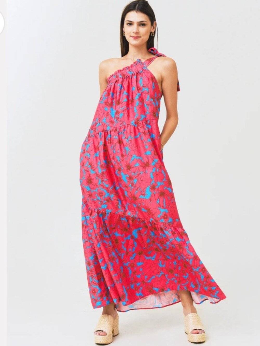XiRENA Maisie Maxi Dress Poplin Pink Blue Floral One Shoulder Tiered flowy party